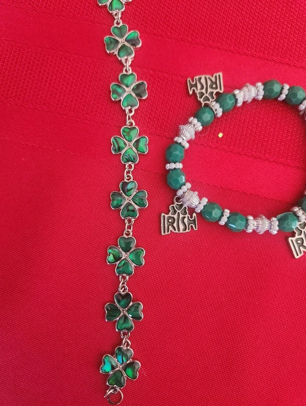 Green Shamrock Charm Bracelet and Beaded Irish Stretch Bracelet Set